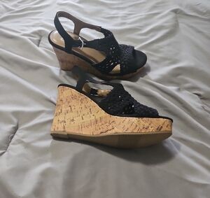SO Black and Tan Wedge Sandals